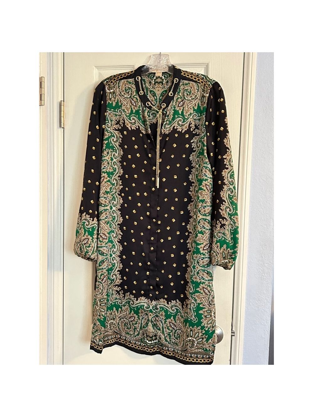 Michael Kors Paisley Shirt Dress Medium Green Navy Gold Chain Midi - Picture 2 of 11
